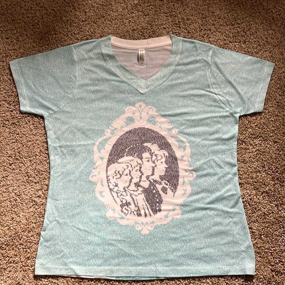 Little Women V Neck Women’s T Shirt. Large. NEW. Never Worn. Aqua. White. Black.